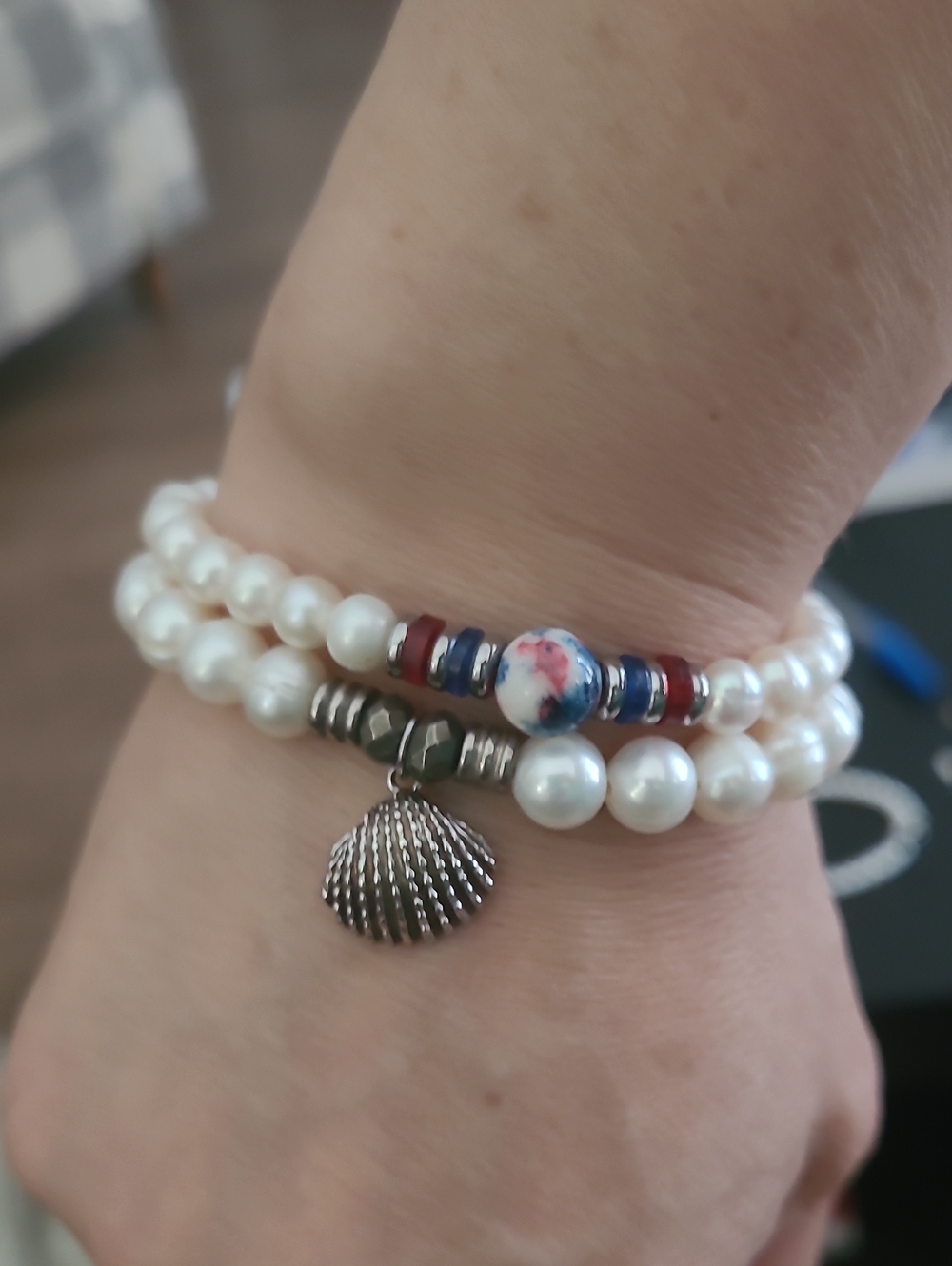 T. Jazelle Americana Pearl & Seashell Charm Stacker Bracelet Set